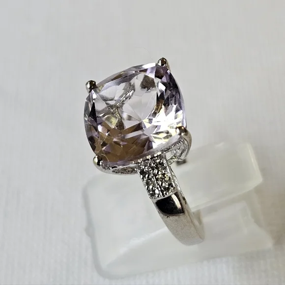 Genuine Rose De France Amethyst & White Topaz Sterling Silver Ring Size 6 - Picture 6 of 11